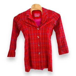 Alpana Bawa Women's Linen 3/4 Sleeve Plaid Shirt Blouse Red Size Medium